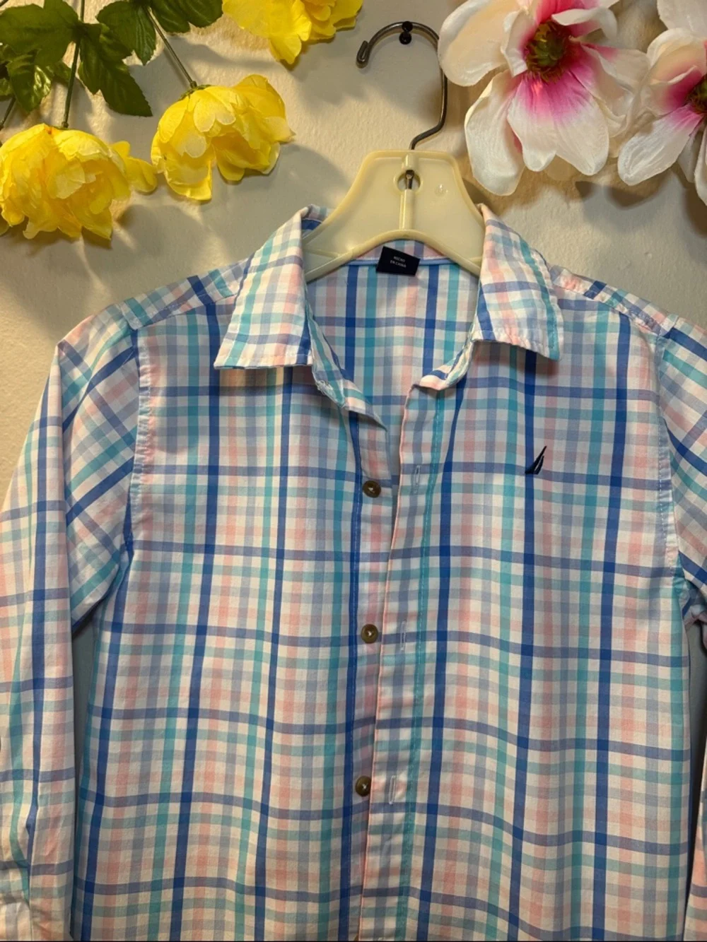 Nautica Boys Plaid Button-Down Shirt in Blue & Pink - Picture 2 of 10
